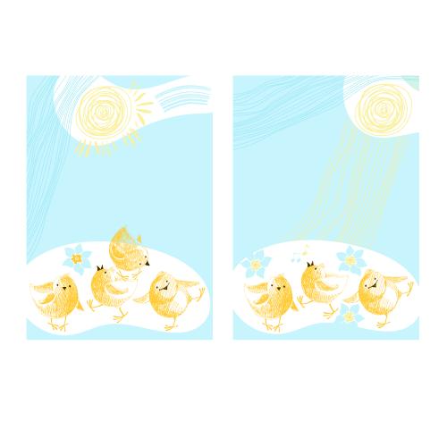 Chick. Vector two spring postcards with cute chicks the sun and daffodils