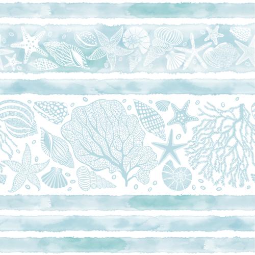 Illustration sea stars shells nautilus corals blue watercolor stripes on white