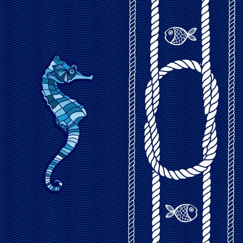 Vector image seahorse, fish, ropes and sea knot, waves on blue
