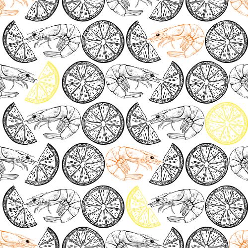 Shrimp. Vector shrimp and slices of lemon on white