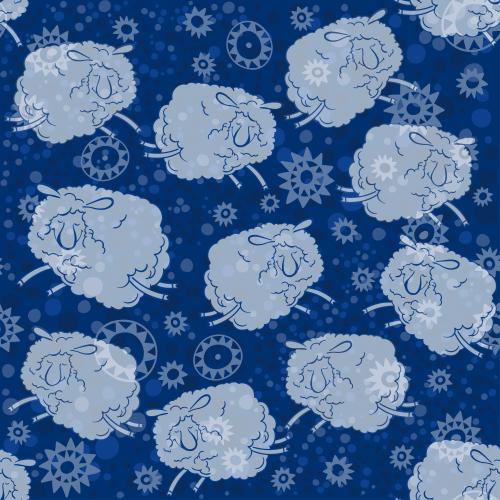 Pea. Vector cartoonish sheep running among stars on blue checkered