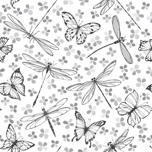 Dragonfly. Vector butterflies dragonflies flowers on white