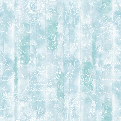 Vector image cartoonish deer, tree shapes, snowflakes on blue watercolor