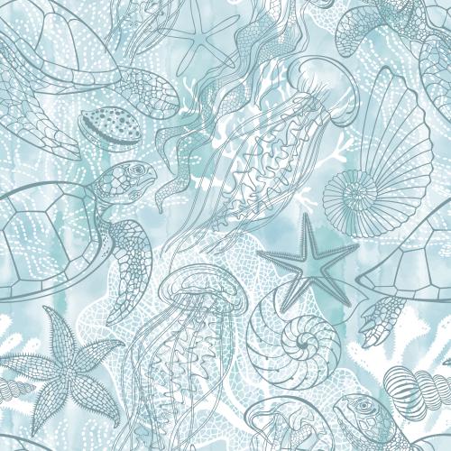 Nautilus. Vector turtles jellyfish sea stars shells nautilus corals algae on blue watercolor