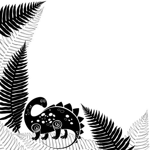 Dinosaur. Vector cartoon dinosaur, fern leaves, place for text on white