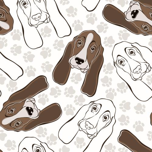 Dog. Vector portraits of basset hounds and paw prints on light