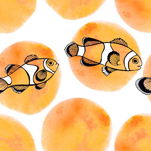 Vector image clown fish and orange watercolor circles on white