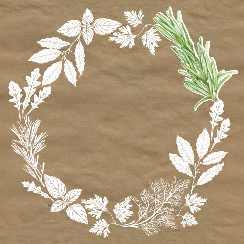 Raster image round frame of white silhouettes of culinary herbs and watercolor rosemary on craft