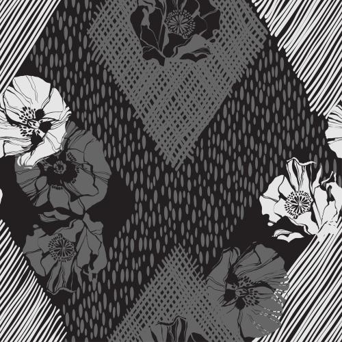 Rhombus. Vector monochrome poppies and decorative elements on black