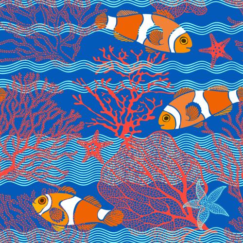 Vector image clown fish, starfish, corals, waves on blue