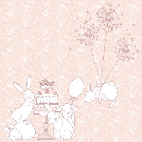 Dandelion. Vector cartoon bunnies with a cake, a flying bunny on dandelions on soft-pink in white dandelions