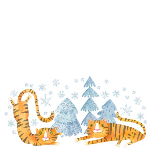 Tiger. Vector watercolor cartoon tigers, christmas trees, snowflakes, space for text on white