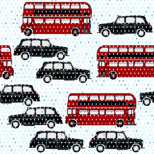 Stripe. Vector red two-story buses, taxis in the rain