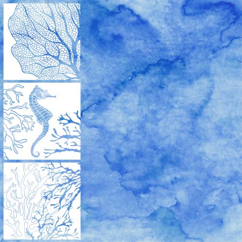 Vector image nautical theme composition with a seahorse underwater plants and a place for text on blue watercolor