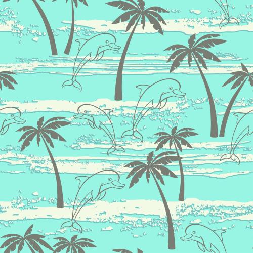 Female. Vector contours of dolphins, silhouettes of palms, waves on turquoise