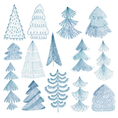 Raster image stylized watercolor tree shapes on white