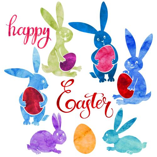 Raster image multicolored watercolor rabbits with easter eggs, happy easter text on white