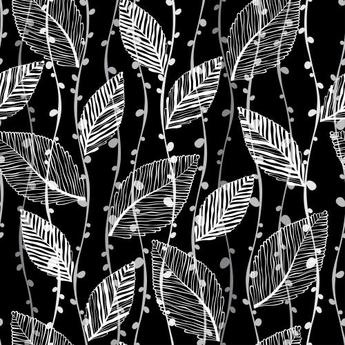 Vector image white leaves and vertical wavy lines on black