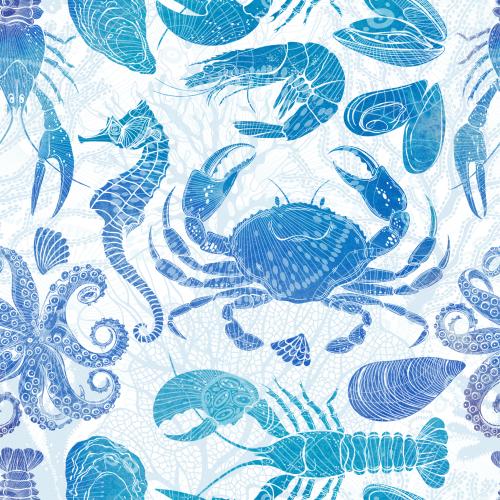 Raster image sea horse octopus crab mussels oyster lobster crayfish shrimp shell watercolor silhouettes with graphic corals and seaweeds on white