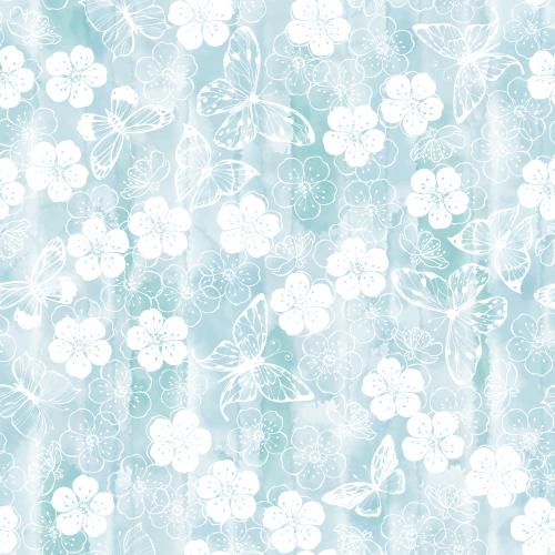Illustration butterflies and flowers on blue watercolor