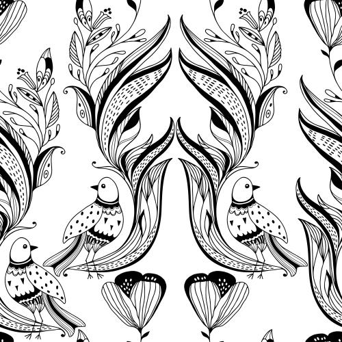Illustration fantasy flowers stylized birds on white