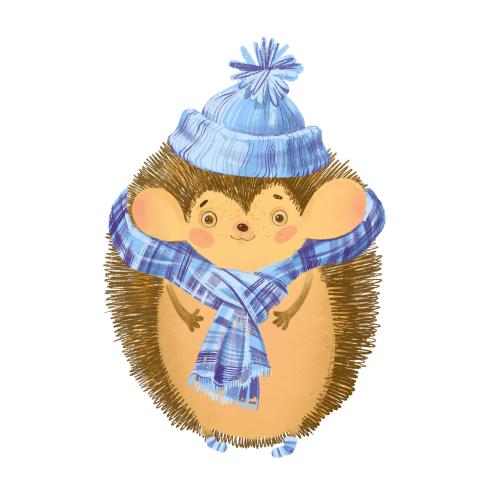 Raster image cute cartoon hedgehog in a hat and scarf