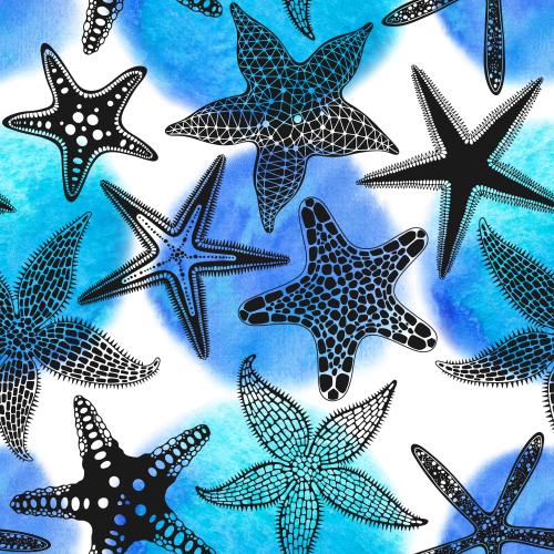 Raster image sea stars and watercolor blue-turquoise circles on white