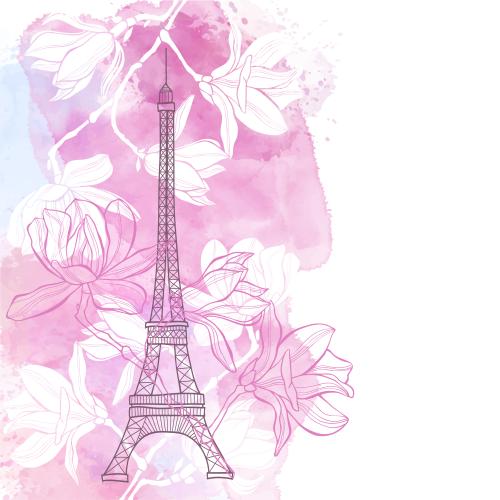 Bud. Vector magnolia contours and silhouettes eiffel tower on watercolor text area on white