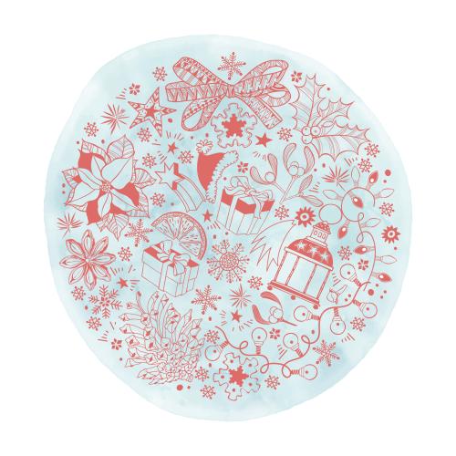 Vector image winter holiday symbols in a blue watercolor circle doodle style