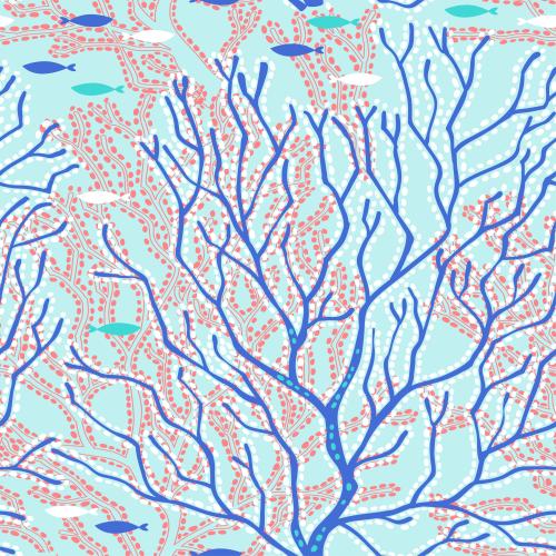 Illustration corals and fish on blue