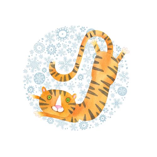 Raster image watercolor cartoonish tiger cub on snowflakes in a circle