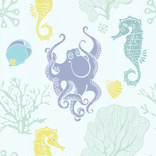 Shell. Vector octopus seahorses fish shells corals algae multicolored silhouettes on blue waves