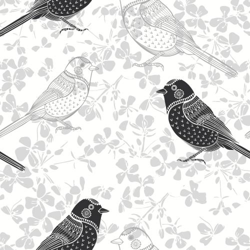 Bird. Vector contours and silhouettes of monochrome birds on white with a flower pattern