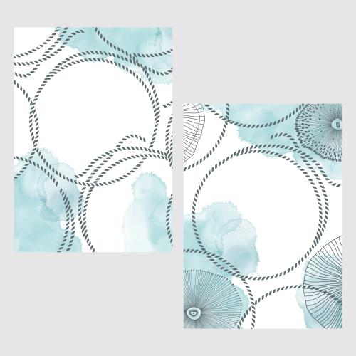 Card. Vector two postcards on a maritime theme with watercolor stripes, round maritime ropes, maritime creatures and a place for text