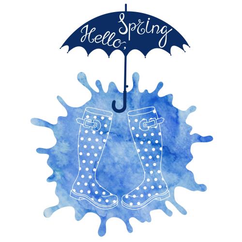 Dandelion. Vector blue watercolor stain and hello spring inscription on white rubber boots and umbrella