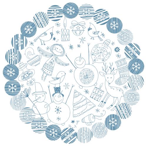 Snowflake. Vector winter holiday symbols angel snowmen deer toys candles and other symbols of winter holidays in a circle of snowflakes on white