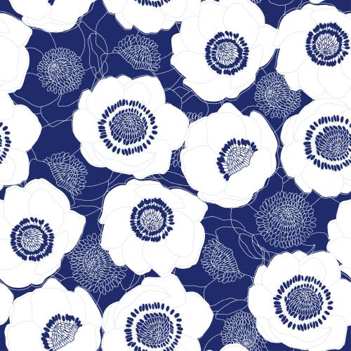 Anemone. Vector anemones white contours and silhouettes on blue