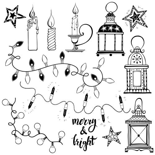 Lantern. Vector garlands lanterns candles stars and sign merry and bright on white