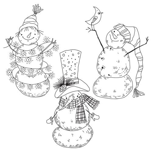 Snowman. Vector three cartoonish cute snowmen on white