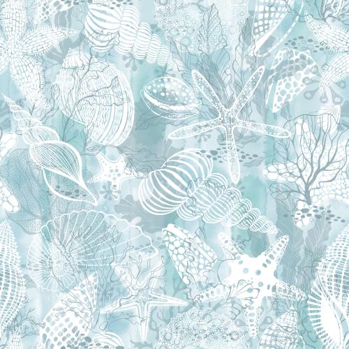 Vector image sea stars, shells, sea urchin, seaweed, corals on blue watercolor
