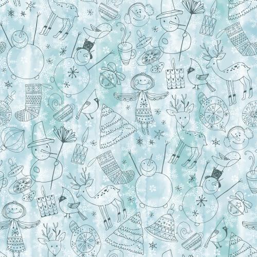 Symbol. Vector cartoon-style symbols of winter holidays snowmen reindeer christmas trees candles angels gifts toys snowflakes on watercolor blue