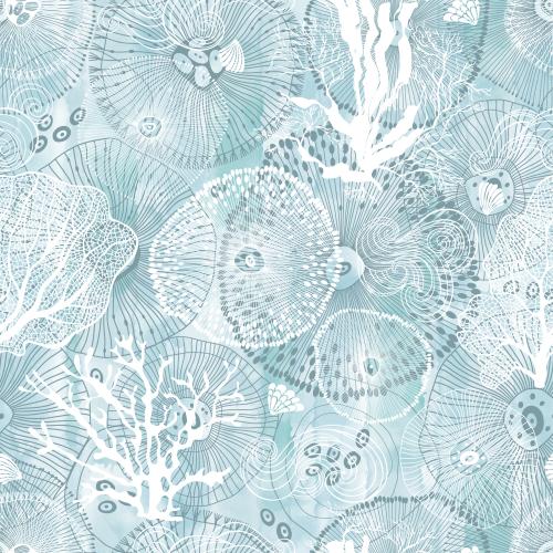 Underwater plant. Vector Pattern abstract marine creatures corals algae shells and decorative waves on a blue watercolor