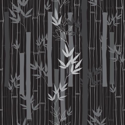 Vector image bamboo trunks and silhouettes of twigs with leaves on black