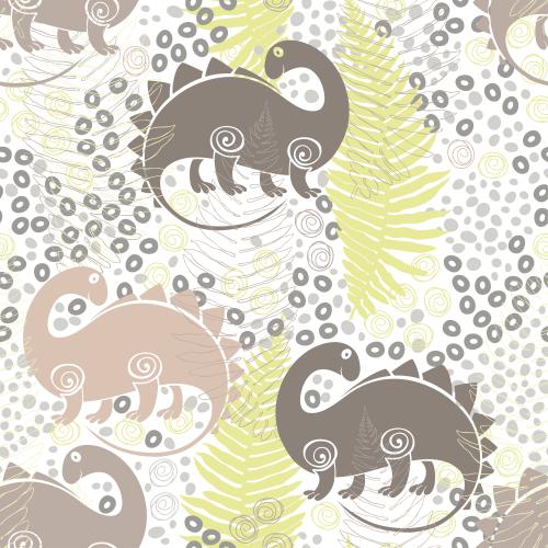 Oval. Vector multicolored dinosaurs, fern leaves, decorative elements on white
