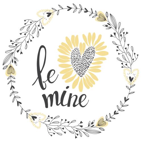 Illustration round frame with doodle flowers and hearts text be mine on white