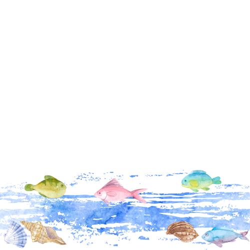 Raster image watercolor shells, fish, waves, space for text on white