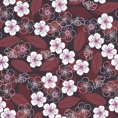 Sakura. Vector flowers and cherry leaves on dark