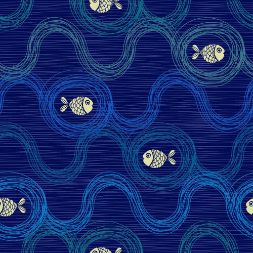 Fish. Vector Pattern yellow cartoon fish swim on the waves on a blue