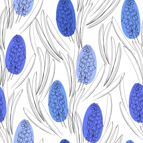 Muscari. Vector muscari flowers leaves colorful spots on white