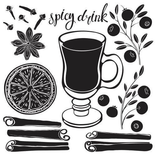 Object. Vector beverage with spices, silhouettes on white